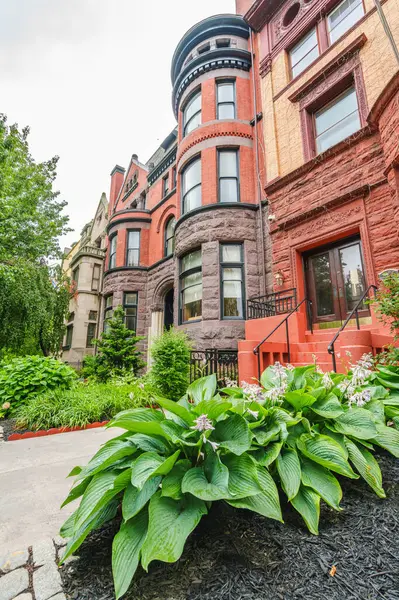 Büyük ev sahibi bitkiler ve yeşil peyzaj çerçevesi Washington 'daki tarihi kırmızı tuğlalı bir Rowhouse' un merdivenleri..
