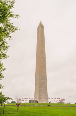 Washington D.C., ABD - 21 Mayıs 2025. Washington Anıtı, Amerikan bayrakları ve yeşillikleriyle çevrili olarak yükseliyor..