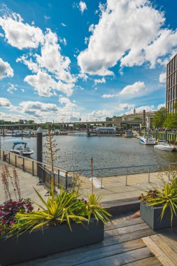 Washington D.C., ABD - 24 Mayıs 2025. Nehir manzarası modern binalar ve renkli çiçeklerle kaplı saksılarla dolu..