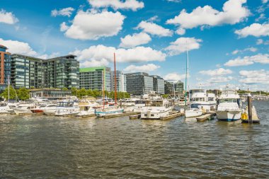 Washington D.C., ABD - 24 Mayıs 2025. Yat ve teknelerle dolu limana bakan modern cam binalar..