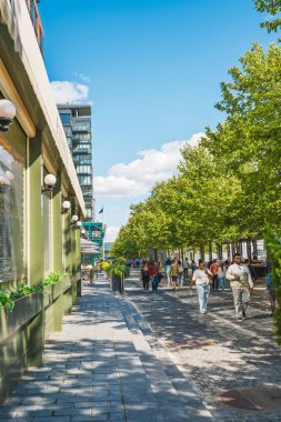 Washington D.C., ABD - 24 Mayıs 2025. İnsanlar yemyeşil ağaçların çerçevelediği canlı rıhtım yolunda yürüyor..