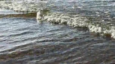 Yumuşak okyanus dalgaları açık bir gökyüzünün altında kıyıya doğru yuvarlanıyor. Yüksek kalite 4k görüntü