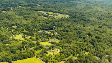 Manzaralı bir hava perspektifi, yoğun orman, tarım arazisi ve bir uçak kanadının altındaki banliyö mahalleleriyle çevrili mavi bir gölü gösteriyor..