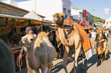 Castro Marim, Portekiz, 29 Ağustos 2025. İdareciler tarafından yönetilen develer ortaçağ sokak fuarındaki seyircilerin önünden geçiyor..