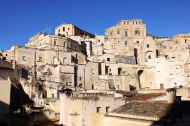 View of Sassi di Matera a historic district in the city of Matera, well-known for their ancient cave dwellings from the Belvedere di Murgia Timone, Basilicata, Italy