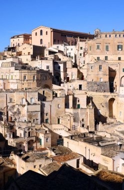 View of Sassi di Matera a historic district in the city of Matera, well-known for their ancient cave dwellings from the Belvedere di Murgia Timone, Basilicata, Italy