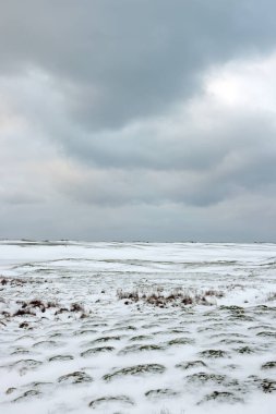 Lofoten Takımadaları, Uttakleiv Sahili, Norveç, Avrupa 'daki sert kış manzaraları. Lofoten Adaları 'ndaki soğuk manzara.