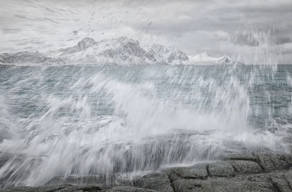 Harte Winterlandschaft Auf Den Lofoten Uttakleiv Beach Norwegen Europa Kalte — Stockfoto