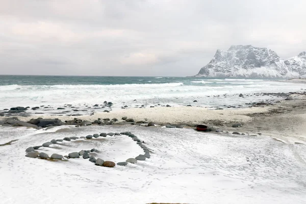 Drsná Zimní Krajina Souostroví Lofoten Uttakleiv Beach Norsko Evropa Studená — Stock fotografie