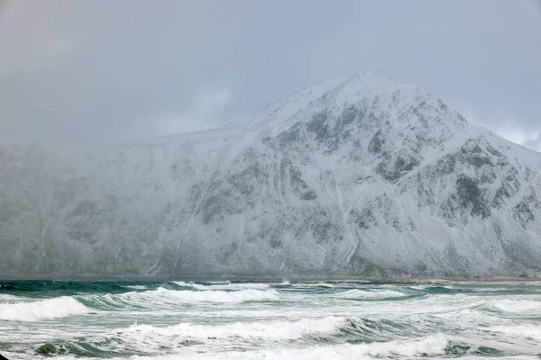 Téli Viharos Táj Skagsanden Strand Flakstad Lofoten Szigetek Norvégia Európa — Stock Fotó