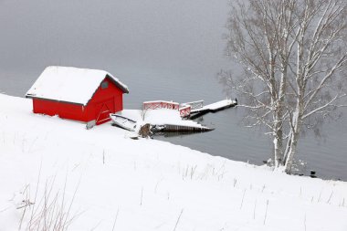 Hornindalsvatnet, Holmoyane, Norveç, Avrupa 'da kış manzarası