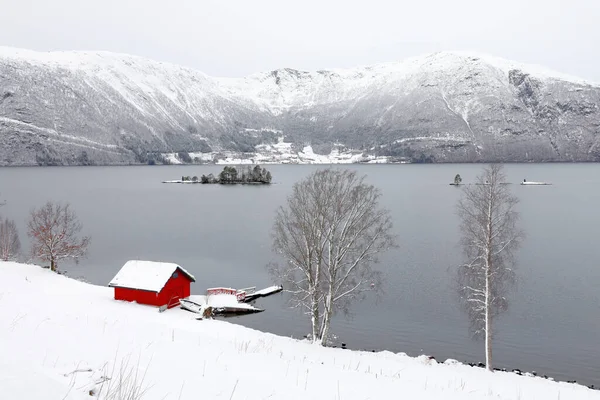 Зимовий Пейзаж Hornindalsvatnet Holmoyane Norway Europe — стокове фото