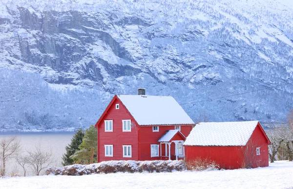 挪威Vestland县Sunnfjord市Skei村和Jolstravatnet湖景观 冬季风景秀丽 水面映照 图库图片