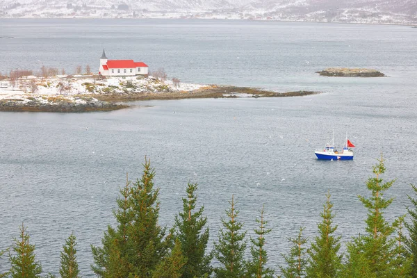 Fishing Boat Surrounded Sea Gulls Lofoten Archipelago Norway Europe — Stock Photo, Image