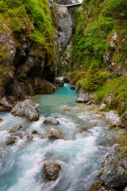 Tolmin Vadisi 'nin güzel manzarası. Tolmin, Slovenya ve Avrupa 'nın derin vadilerinde temiz dağ nehri olan görkemli bir manzara.