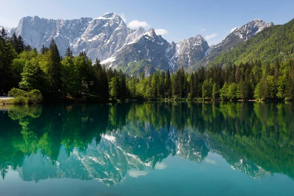 stock image Mountain Range and the peak of the Mount Mangart (2677 m) seen from Fusine Lake, Julian Alps, Tarvisio, Udine, Friuli Venezia Giulia, Italy Slovenia border, Europe