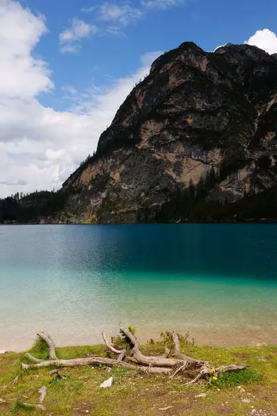 意大利苏蒂罗尔白云石山上的布雷湖的夏季风景 布雷斯湖也被称为 布雷斯湖湖 — 图库照片