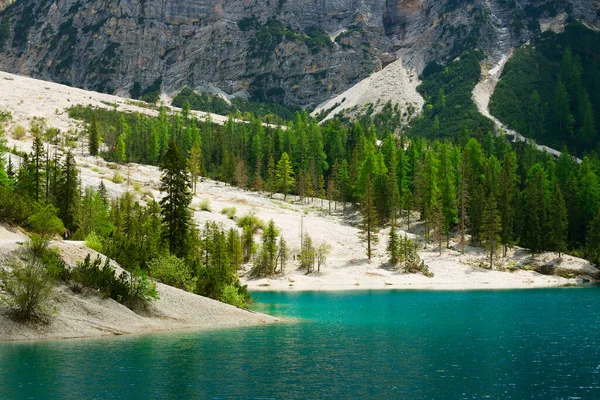 Vista Panoramica Estiva Sul Lago Braies Nelle Dolomiti Sudtirol Italia — Foto Stock