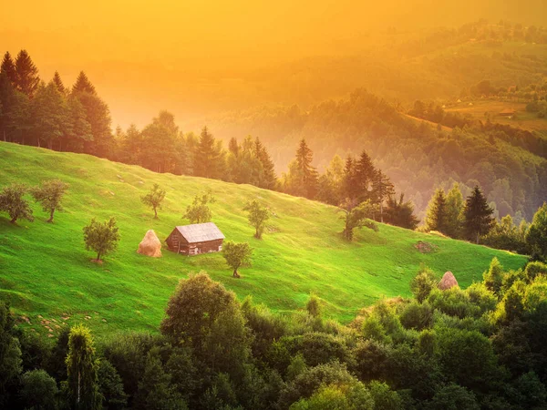 秋天的乡村风景 高山村 还有花园 多彩的落叶树和风景如画的云彩覆盖着雪山 马古拉村 喀尔巴阡山 罗马尼亚 — 图库照片