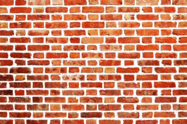 Duvarcılık. Yatay tuğla duvar panoraması. Kırmızı tuğla deseni. Kırmızı eski ve yıpranmış tuğla duvarın arka planı.
