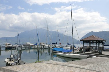 Avusturya, Avrupa 'da Unterach am Attersee' nin manzaralı yaz manzarası