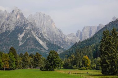 San Martino di Castrozza yakınlarındaki ünlü Pale di San Martino manzarası, İtalyan Dolomitleri, Avrupa