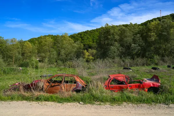 锈迹斑斑的红色废弃汽车停在室外 路边没有轮子的旧破旧不堪的生锈汽车 图库图片