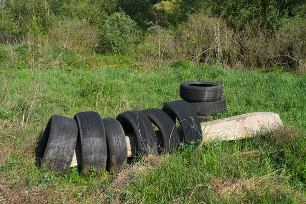 Used Rubber Wheels Outdoors Stock Photo