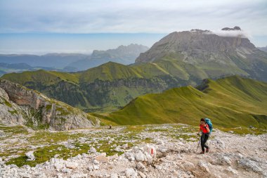 Rosengarten Catinaccio Massif, Dolomites, İtalya 'dan Alp manzarası. Dolomitlerin dağlarındaki muhteşem manzara, Alto Adige, Güney Tyrol, İtalya, Avrupa