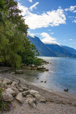 Garda Gölü 'nde yaz manzarası, İtalya' da Riva del Garda tatil beldesi, Avrupa