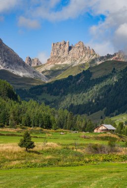 Val Duron 'un Dolomitlerdeki güneşli yaz manzarası Campitello di Fassa, İtalya, Avrupa