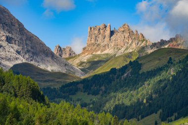 Val Duron 'un Dolomitlerdeki güneşli yaz manzarası Campitello di Fassa, İtalya, Avrupa