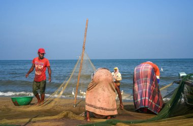 Sabahın erken saatlerinden itibaren Negombo sahilinde, Sri Lanka, Asya 'da balıkçılar iş başında.