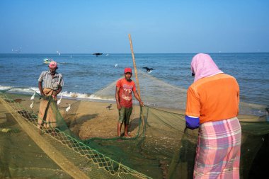 Sabahın erken saatlerinden itibaren Negombo sahilinde, Sri Lanka, Asya 'da balıkçılar iş başında.