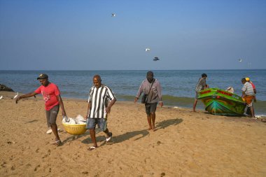 Sabahın erken saatlerinden itibaren Negombo sahilinde, Sri Lanka, Asya 'da balıkçılar iş başında.