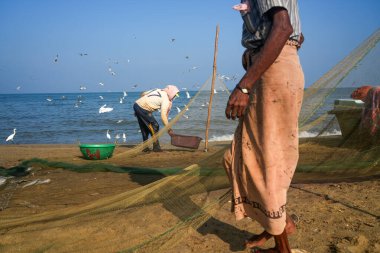 Negombo sahilinde balıkçı tekneleri ve balıkçılar. Negombo, Sri Lanka 'nın batı kıyısında büyük bir şehirdir..