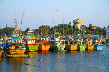 Beruwala limanında gün batımında balıkçı gemileri, Sri Lanka, Asya