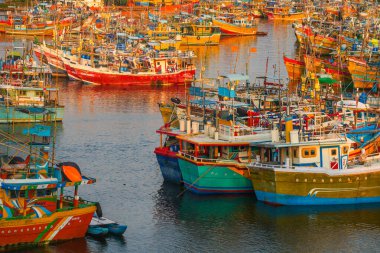 Beruwala limanında gün batımında balıkçı gemileri, Sri Lanka, Asya
