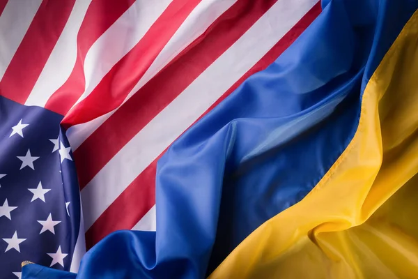 Stany Zjednoczone Ameryki Ukraińskie Flagi Razem Jednym Zdjęciu Partnerstwo Ukraińskie — Zdjęcie stockowe