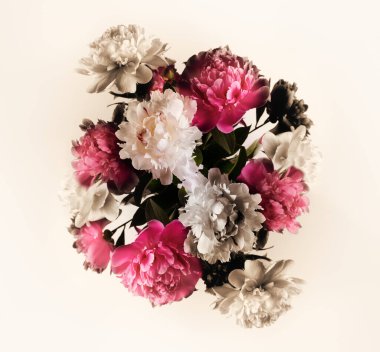 Beautiful Peonies bouquet in Photo Collage with vintage toning Spring Seasonal Background. clipart