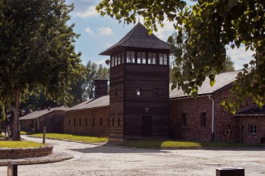 June 15 2022: Oswiecim, Auschwitz, Poland. Tower of nazist guard in the Concentration Camp Auschwitz Birkenau. Holocaust Remembrance Day 