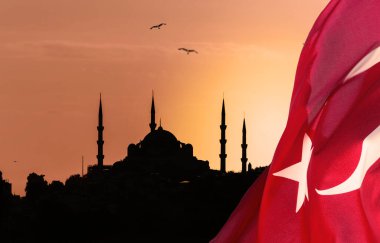 Türkiye Ulusal Bayrağı ile kolajlı bir cami silueti. Türkiye 'nin turizm tanıtım pankartı için iyi.
