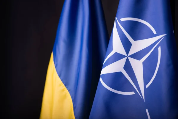 Ukrajina Kyjev 2023 Oficiální Vlajky Ukrajiny Nato Černém Pozadí Symbol — Stock fotografie