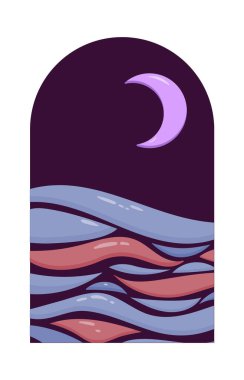 Soyut, çağdaş veya boho vektör manzarası. Güneş, ay ve dalgalı modern tasarım posteri.