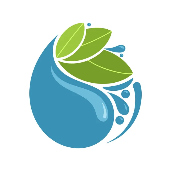 水溅射矢量平面元素 液态波和绿叶的环保理念 白色背景上的水滴元素 — 图库矢量图片