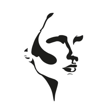 Bir kız ya da kadının minimalist silueti beyaza karşı siyahtır. Güzellik ürünleri promosyonu veya logosu için iyi.