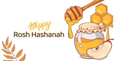 Mutlu Rosh Hashanah, Yahudi Yeni Yıl Kutlama Kartı ya da afiş şablonu. Bal kavanozu, elma ve bal tarağı geleneksel Yahudi Yeni Yılı sembolleri