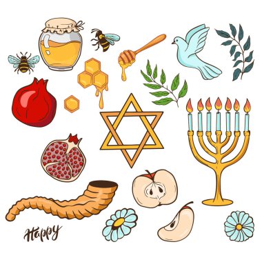 Shana Tova, Rosh Hashanah geleneksel elementler seti. Yahudi Yeni Yıl Sembolleri Bal, Elma ve Nar.  