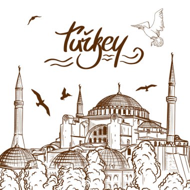 Bir Aya Sofya 'nın çizimi, Ayasofya Camii, İstanbul, Türkiye. Türk Turist Cazibesi tasarım elemanları. Vektör illüstrasyonu
