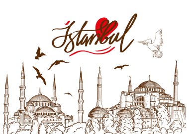 Bir Ayasofya, Ayasofya Sofya Camii ve İstanbul 'daki Mavi Cami' nin çizimi. Türk Turist Cazibesi tasarım elemanları. Vektör illüstrasyonu.